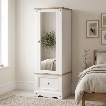 Azusa White Mirrored Door Armoire with Drawer