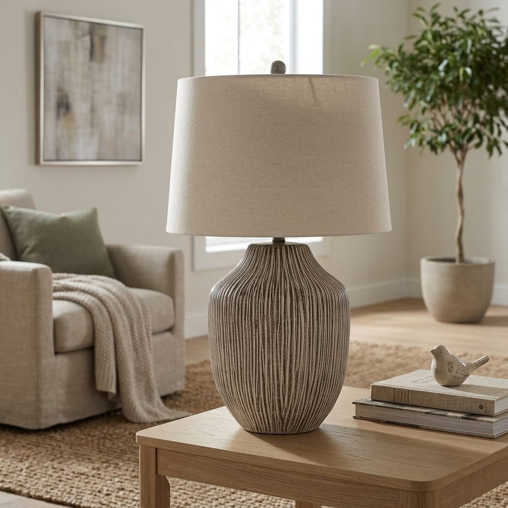 Ochre Carved Textured Table Lamp With Linen Shade