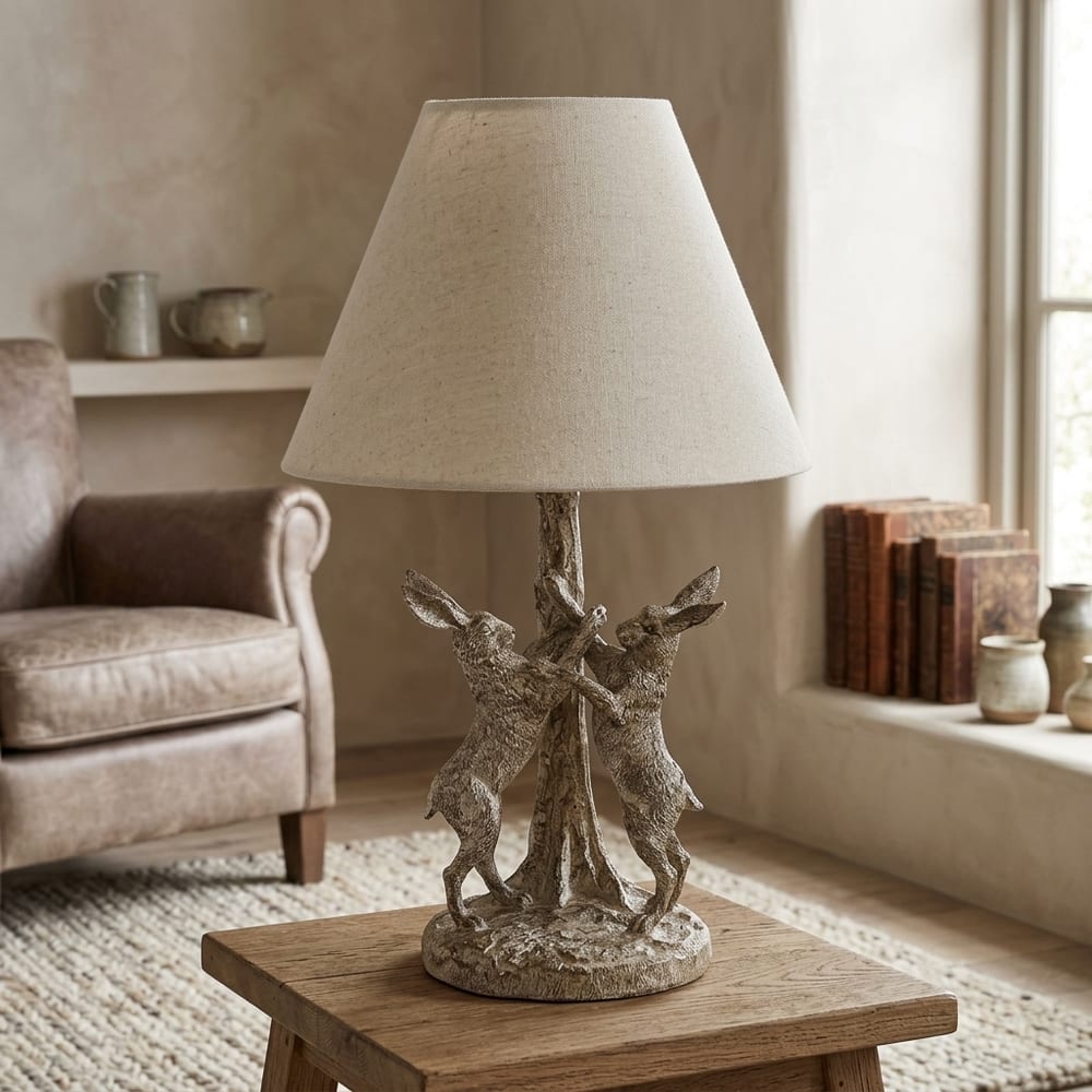 Stonewashed Marching Hares Lamp With Linen Shade