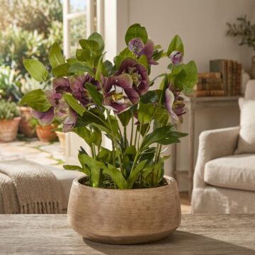 Deep Plum Hellebore Plant In Taupe Pot | Assembled