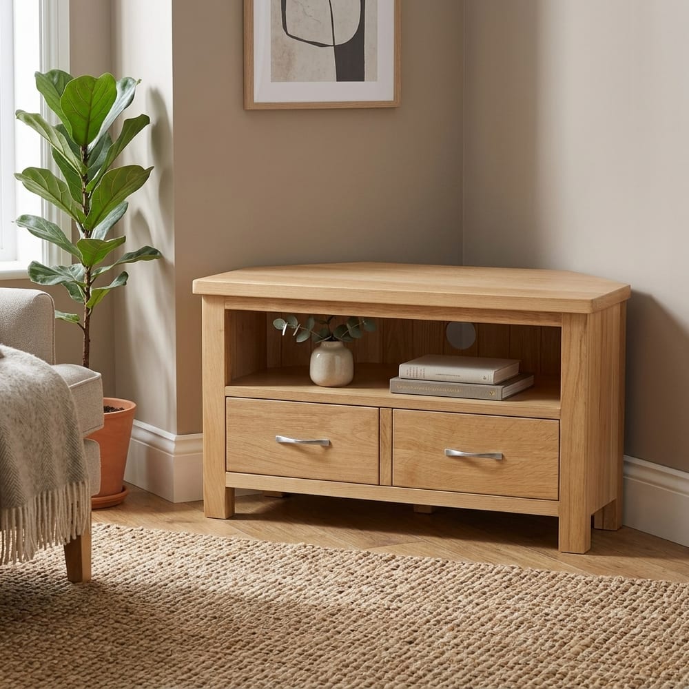 Brancepeth Oak Corner TV Unit | Lacquered Finish | Clearance