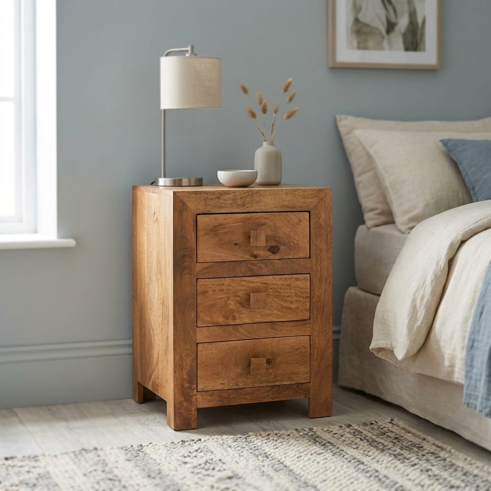 Malda Light Mango 3 Drawer Bedside Cabinet | Assembled