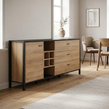 Hard Rock Matt Black 1 Door 3 Drawer Sideboard | Wine Rack | Riviera Oak