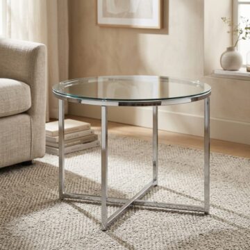 Silver Cross Round Metal Side Table | Glass Top