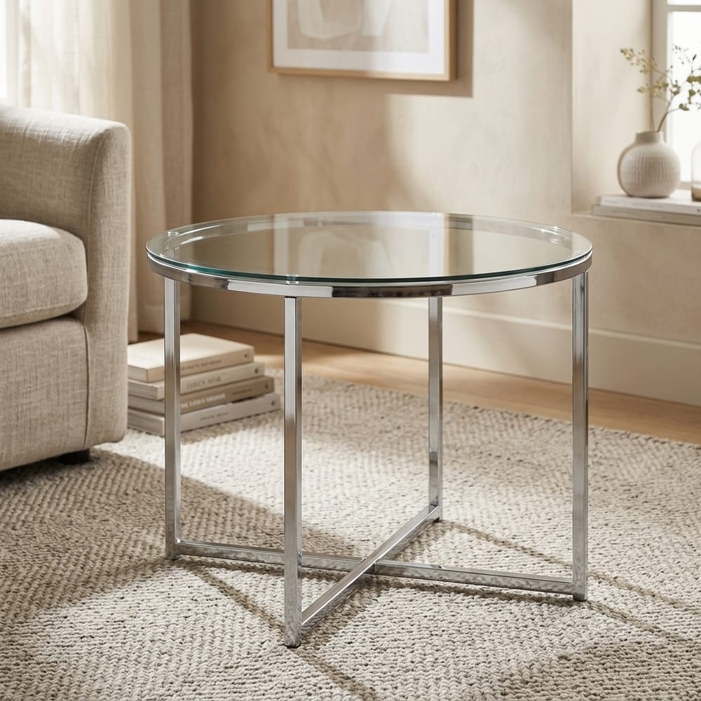 Silver Cross Round Metal Side Table | Glass Top