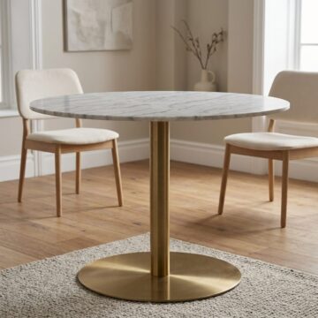 Corby Round Dining Table | White Marble Effect Top | Gold Base
