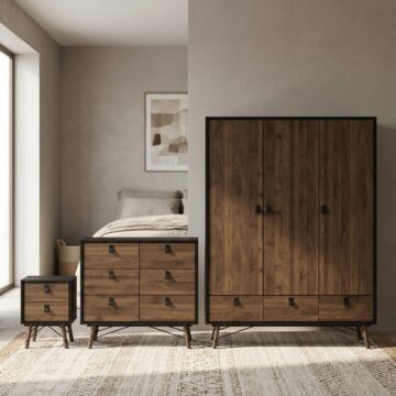 Ry 3 Piece Bundle, Bedside, Chest and 3 Door 3 Drawer Wardrobe in Matt Black Walnut