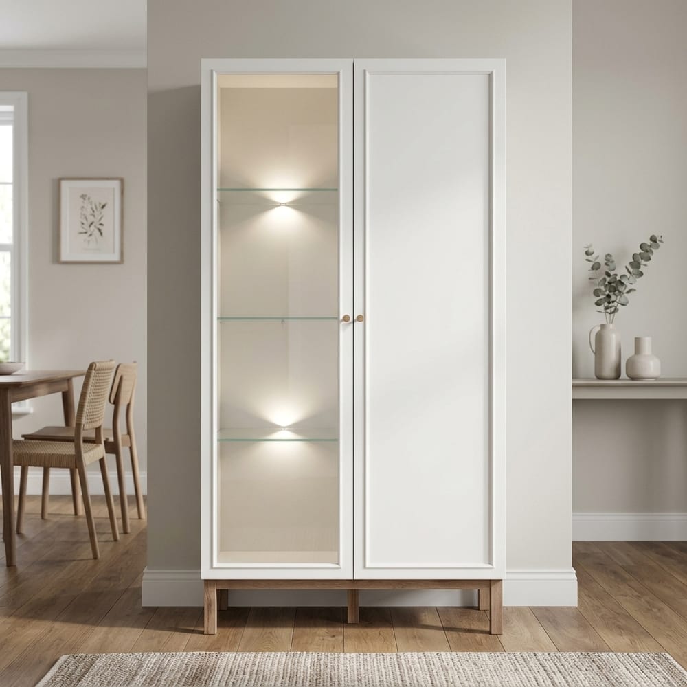 Wesley Light Grey 2 Door Display Cabinet | Oak Finish | Inc LED Lighting