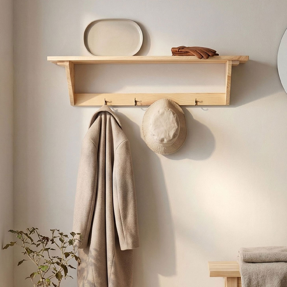 Orin Hat & Coat Shelf Kit | 4 Hooks | Natural Sanded Pine
