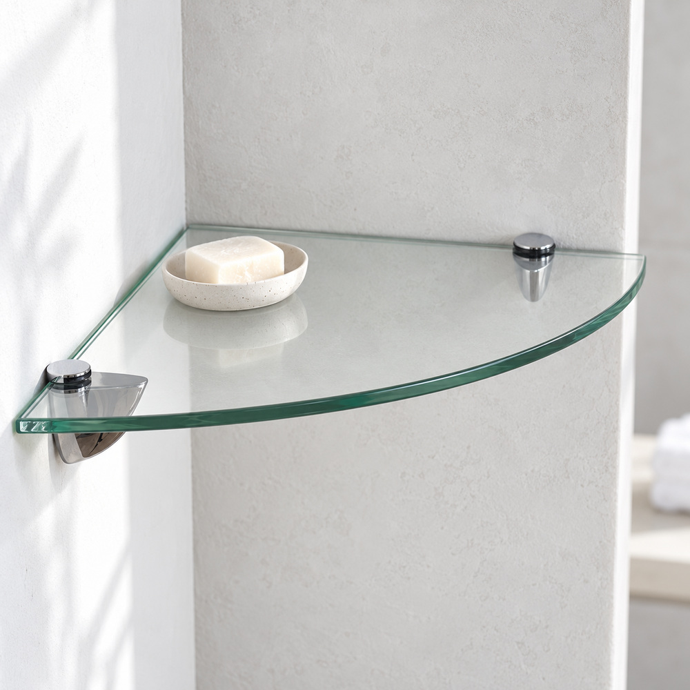 Orin Tempered Glass Corner Shelf | Chrome Effect Brackets