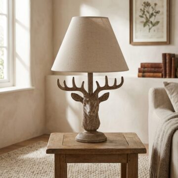 Stonewashed Stag Head Table Lamp With Linen Shade
