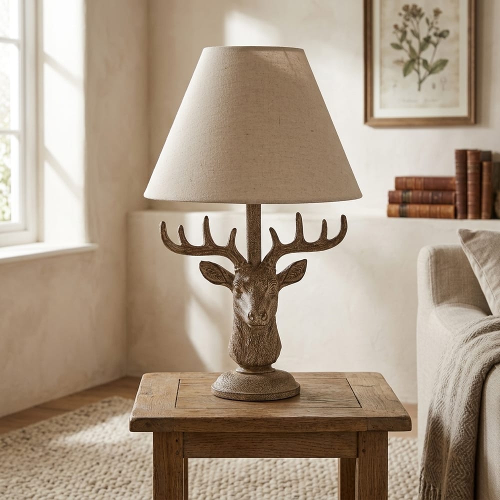 Stonewashed Stag Head Table Lamp With Linen Shade