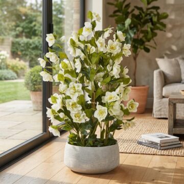 Large White Hellebore In Grey Pot | Assembled