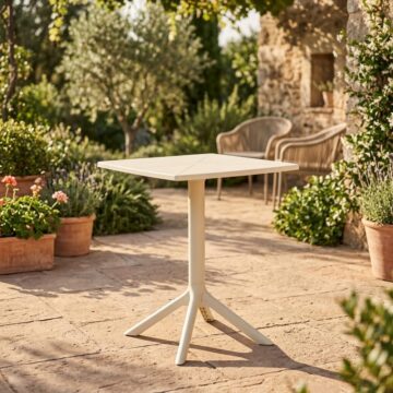 Grove White 3 Piece Bistro Garden Set | Pair of Sunray Armchairs & Square Plastic Table | Wood Finish Legs