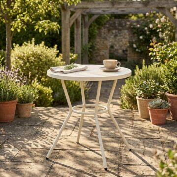 Grove White 3 Piece Bistro Garden Set | Pair of Sunray Armchairs & Round Plastic Table | Wood Finish Legs