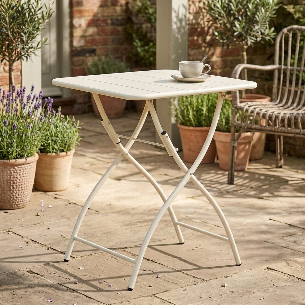 Grove White 3 Piece Bistro Garden Set | Pair of Sunray Armchairs & Square Metal Folding Table | Wood Finish Legs