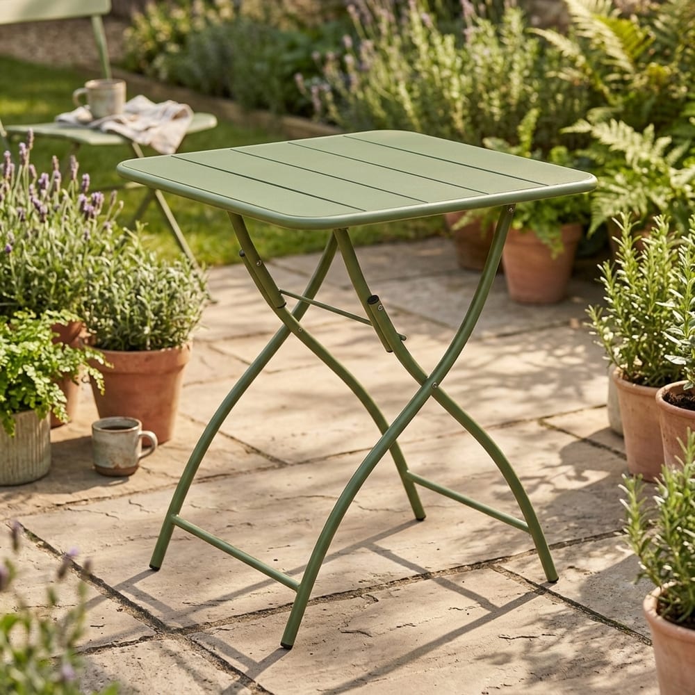 Grove Green 3 Piece Bistro Garden Set | Pair of Rope Back Armchairs & Square Metal Folding Table