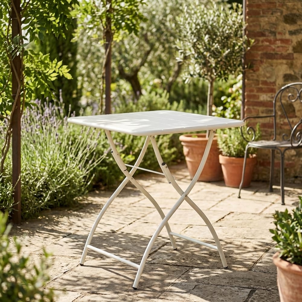 Grove White 3 Piece Bistro Garden Set | Pair of Rope Back Armchairs & Square Metal Folding Table