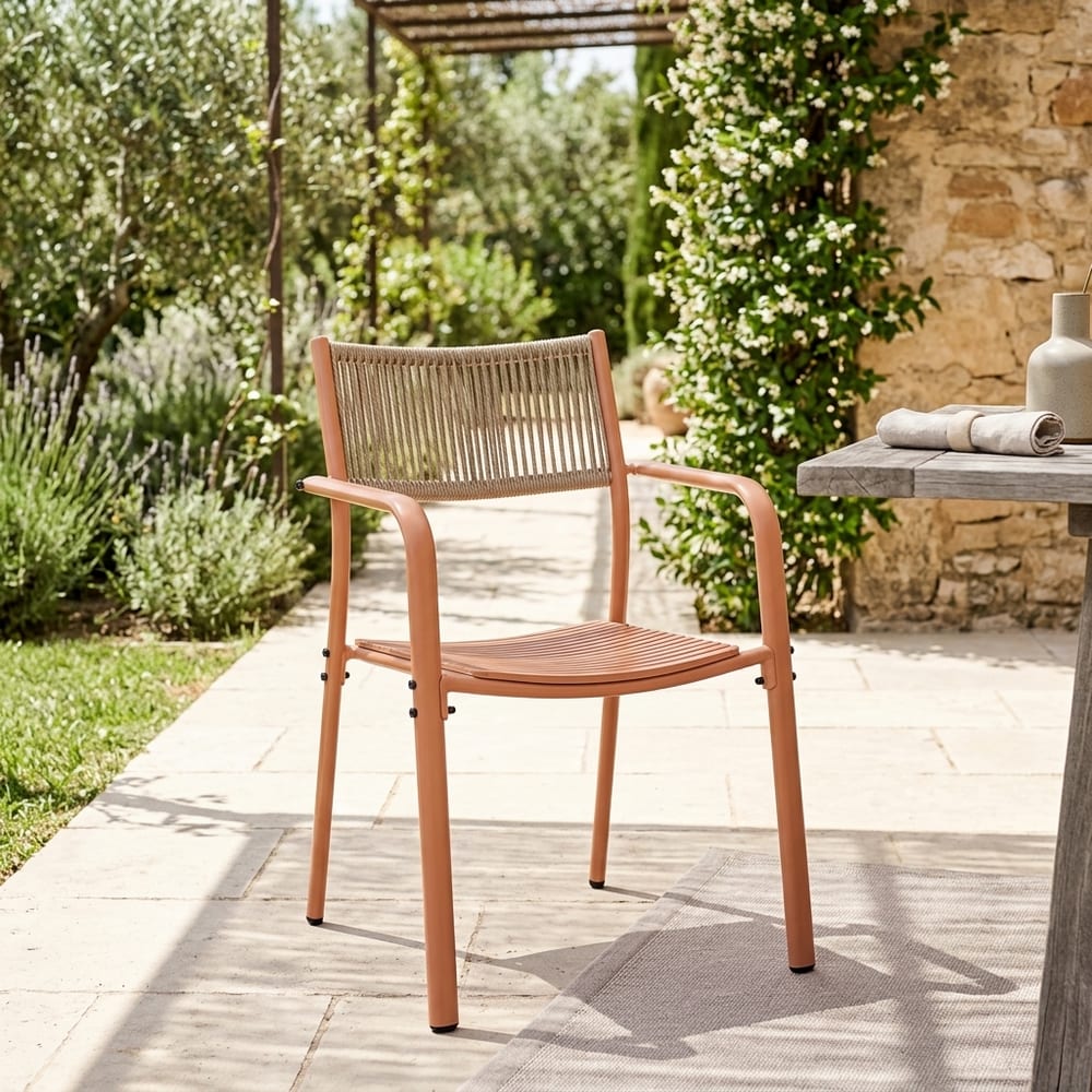 Grove Terracotta Pair of Rope Back Bistro Metal Arm Chairs