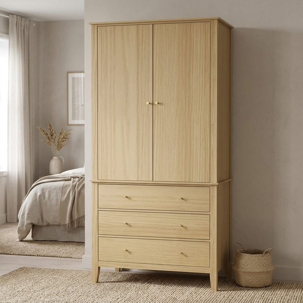 Fernley 2 Door Wardrobe with Drawers | Light Oak Finish