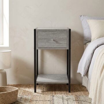 Alderley One Drawer Compact Bedside Cabinet | Grey Oak Finish | Metal Side Frame