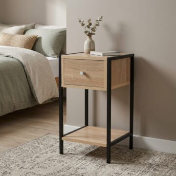 Alderley One Drawer Compact Bedside Cabinet | Oak Finish | Metal Side Frame