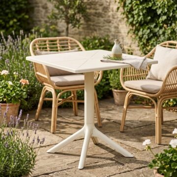 Grove White 3 Piece Bistro Garden Set | Pair of Rope Back Armchairs & Square Plastic Table