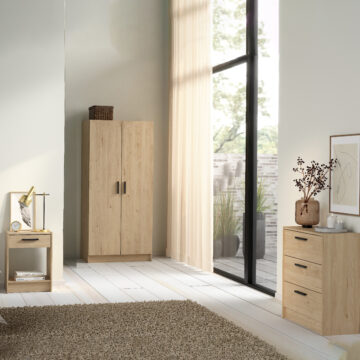 Escape 2 Door Wardrobe, 3 Drawer Chest and Nightstand | Jackson Hickory Oak Finish