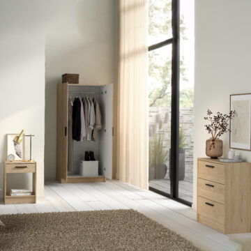 Escape 2 Door Wardrobe, 3 Drawer Chest and Nightstand | Jackson Hickory Oak Finish