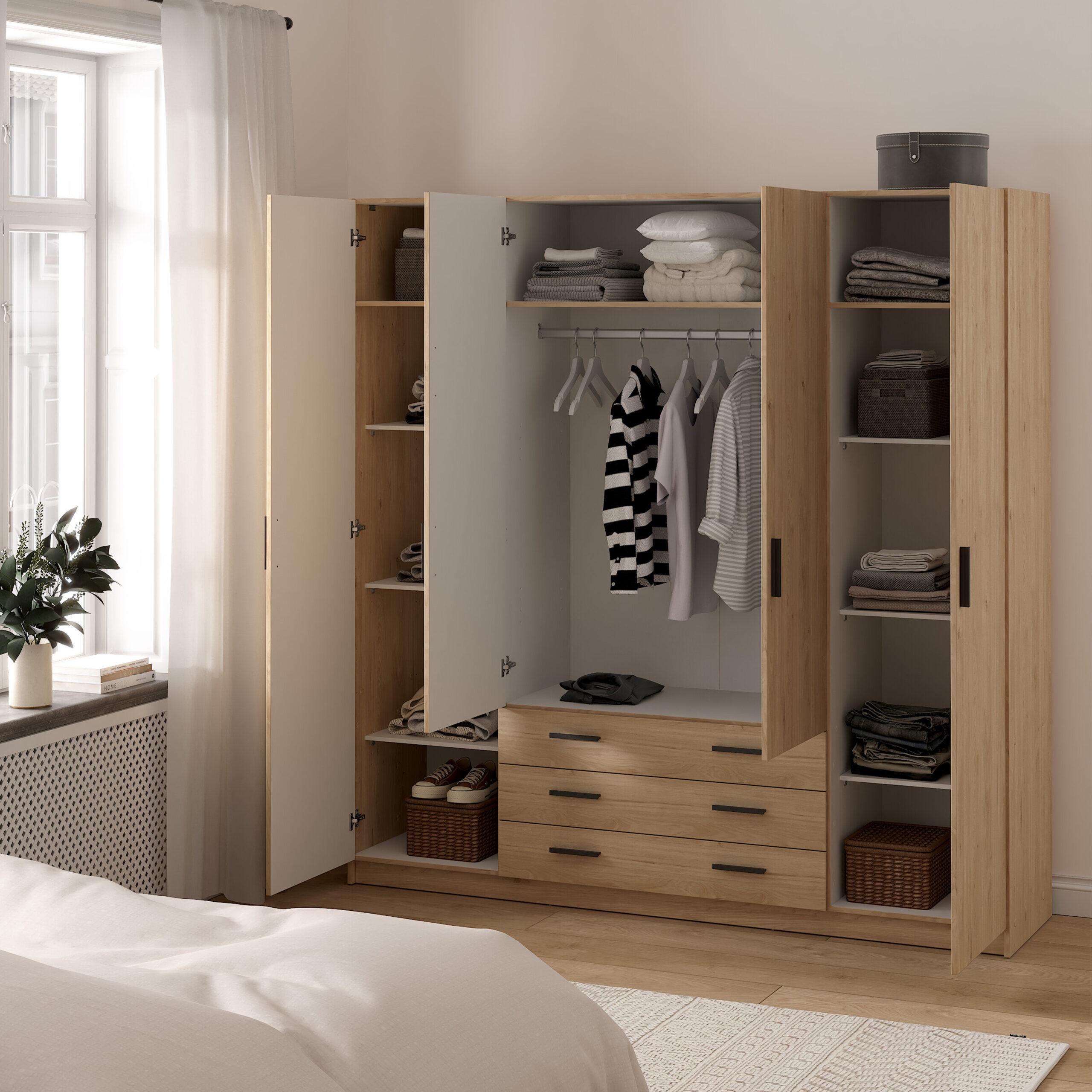 Harlow 4 Door Wardrobe with Drawers | Jackson Hickory Oak Finish