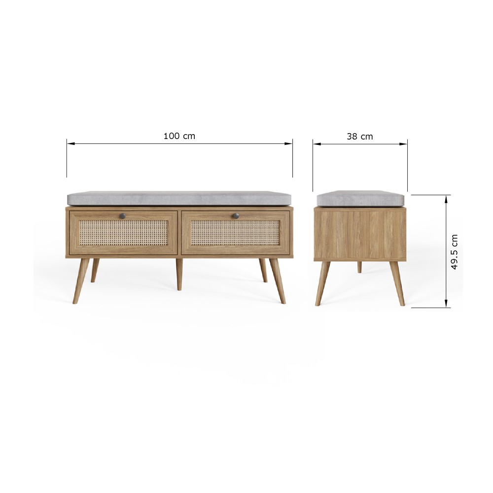 Noor Rattan 2 Drawer Shoe Cabinet | Oak Finish